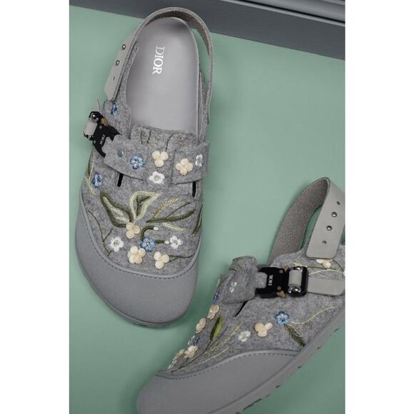 Dior Birkenstock Tokio Mule Grey Floral Slingback Nubuck Suede Flat Sandal 44 11 - Picture 1 of 12